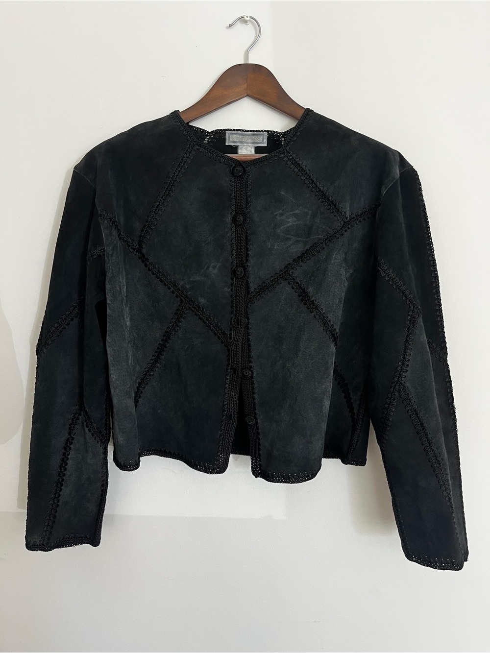 Womens Black Suede Cropped Button Jacket